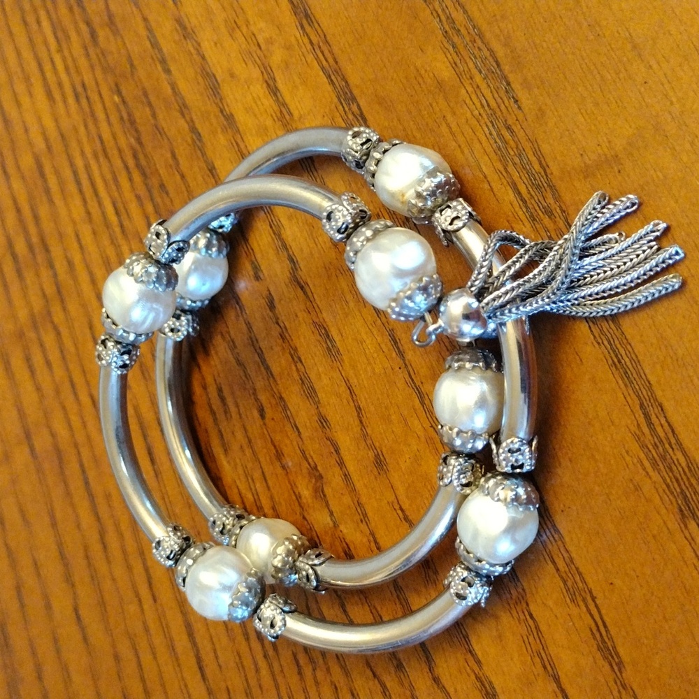 Wrap Around Pearl Bracelet with Multi Strand Tassel Silver Tone